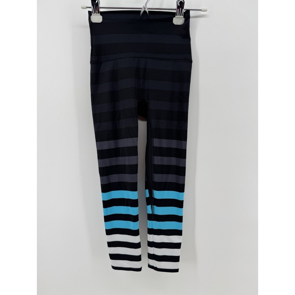 K-DEER Leggings Womens XS Black Blue White Stripe‎ Mid Waisted 19" Inseam